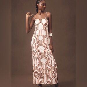 By Anthropologie Strapless Linen Plunge-neck MIDI Dress Size 14 NWT BROWN motif
